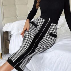 Women's Elegant Houndstooth Zip-Up Midi Skirt – Slim Fit High Waist Pencil Skirt for Fall & Winter Office or Casual Wear