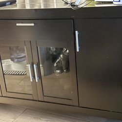 Tv stand dark wood glass shelves cabinet