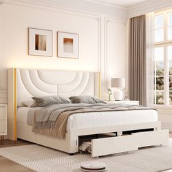 Queen Size Velvet Wingback Upholstered LED Light 2 Drawer Storage Bed