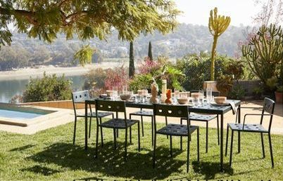 Hay Balcony Dark Forest Dining Table and Two Armchairs
