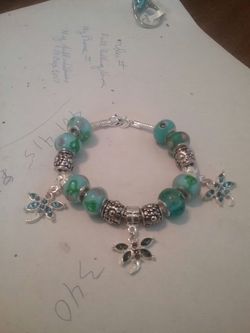 New 7.5" s925ss Cz blue rose murano glass bead firefly bracelet.