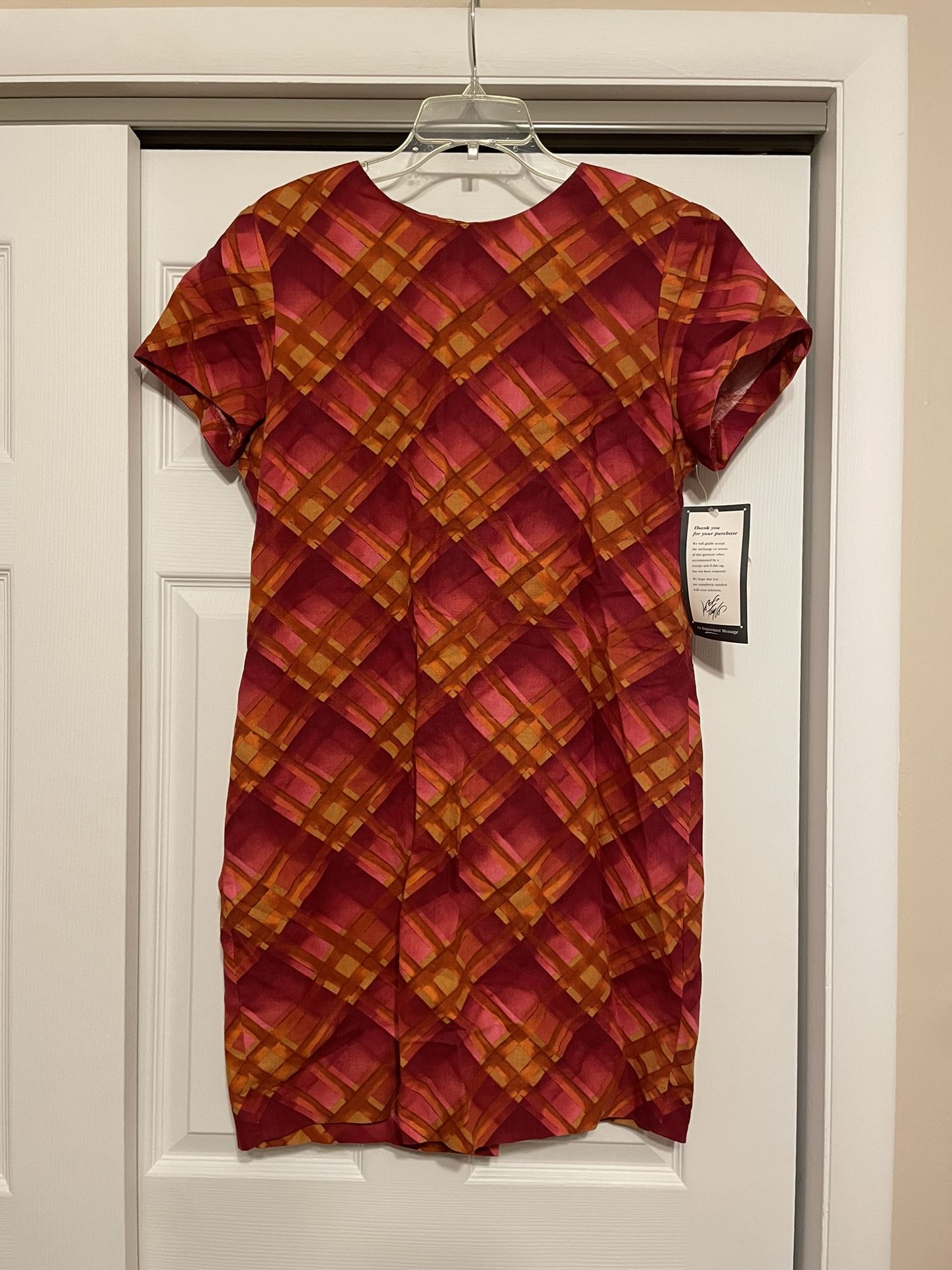 Brand New Liz Claiborne Red & Orange Plaid Linen Dress - Size 14P