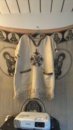 Cream Wool Embroidered Poncho with Fringe