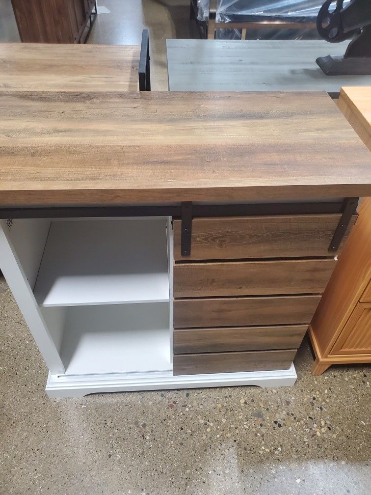 32 in. Solid White/Rustic Oak Rustic Farmhouse Sliding Slat Door Accent Console