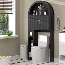 Over The Toilet Storage Cabinet with Adjustable Shelf, Black Arched Cabinet Freestanding Bathroom Organizer Anti-Tip Device Space-Saving Toilet Storag