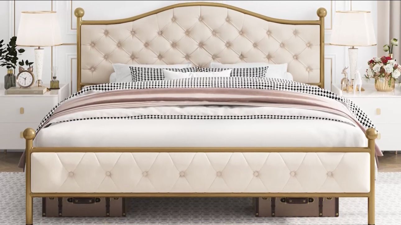 Luxury Queen Size Platform Bed Frame with Elegant Button Tufted Curved Headboard (Beige)