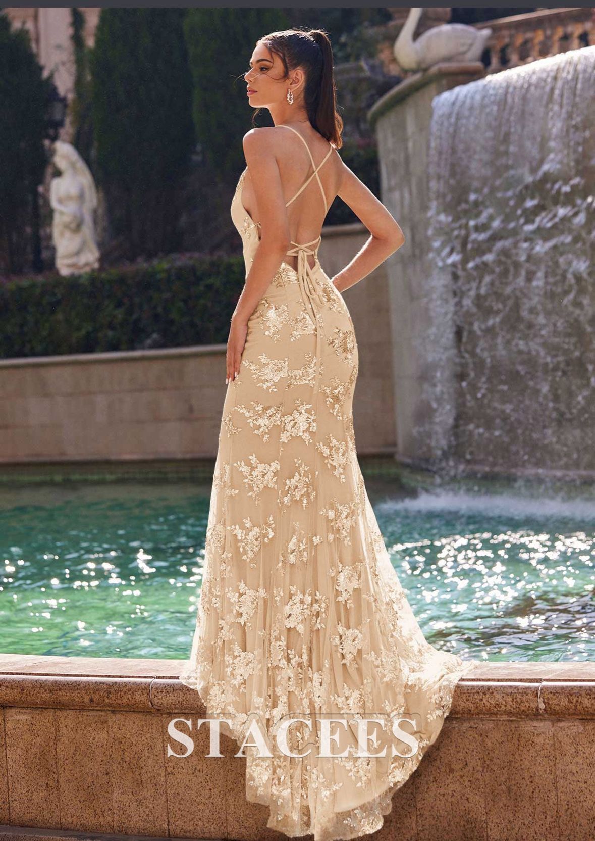 Gold Sequined Trumpet/Mermaid V Neck Sleeveless Court Train Dress