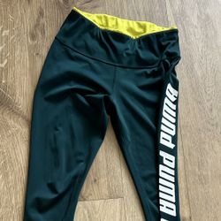 Puma Leggings Dark Green Yellow Waistband