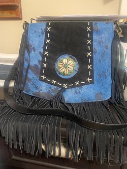 NorthStyle Western Boho Cowhide Leather Fringe Crossbody Bag Blue Black Hair-on-Hide