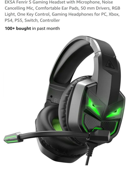 EKSA Fenrir S Gaming Headset with Microphone, Noise Cancelling Mic, Comfortable Ear Pads, 50 mm Drivers, RGB Light, One Key Control, Gaming Headphones