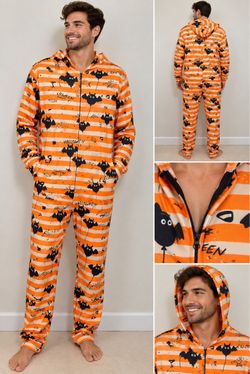 Men’s / Unisex Halloween Bat Print Hooded Onesie Large Orange Black Costume Pajamas
