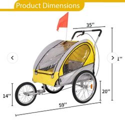 Dog Bike Trailer Cart 2 in 1 Pet Bicycle Stroller for Travel with Reflectors Parking Brake Breathable Protective Net, Yellow