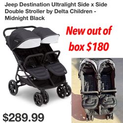 New out of box Jeep Destination Ultralight Side x Side Double Stroller by Delta Children - Midnight Black $180 firm pick up east Palmdale serious buys