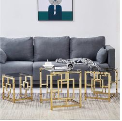 Nest of Table Set of 3 Square Coffee Table with Gold Stainless Steel Frame Dark Glass Tabletop Endin