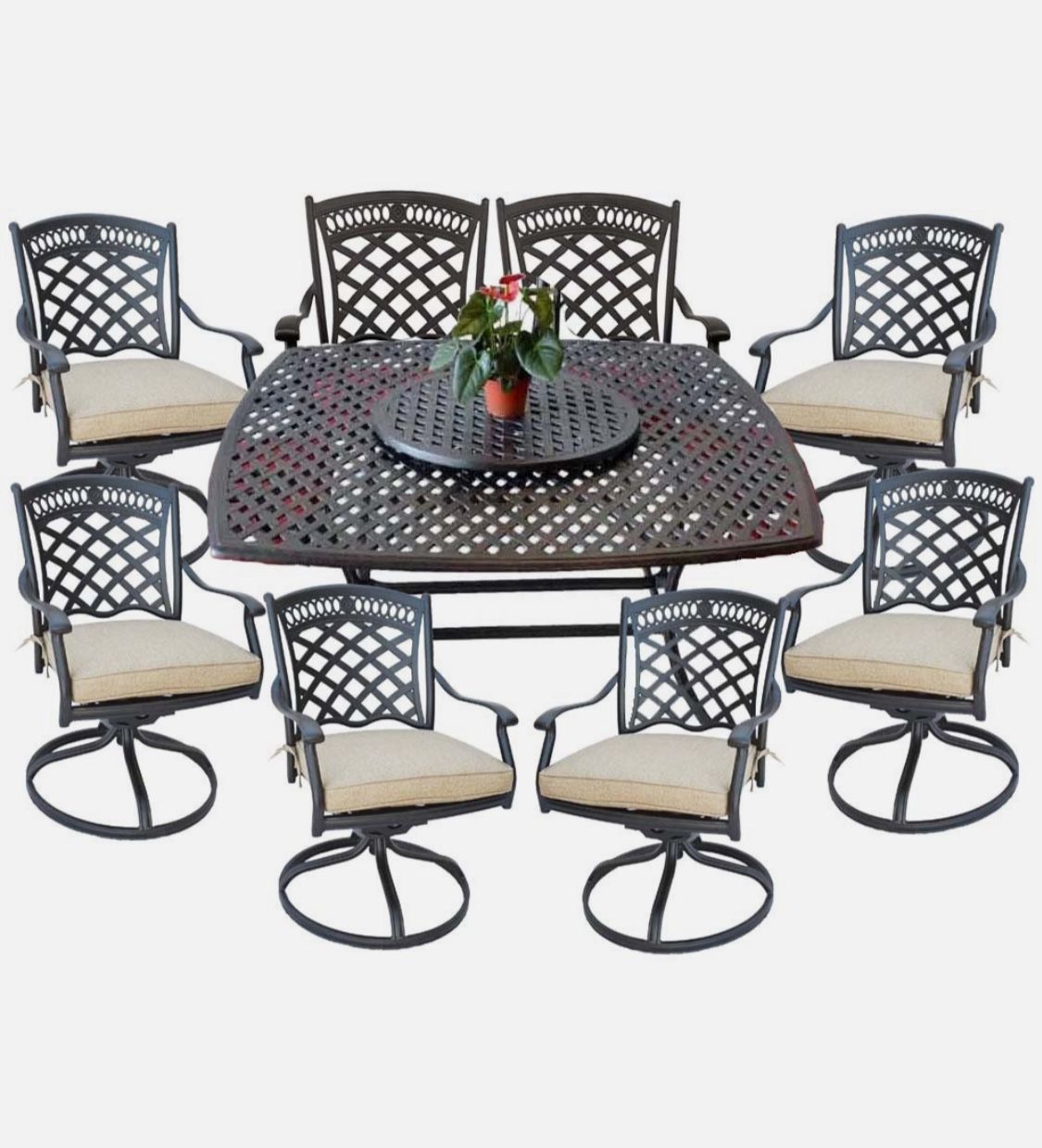 Outdoor 8 person square dining patio table 64" with Lazy Susan heavy all swivels