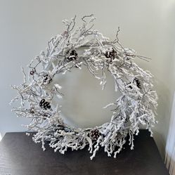 Large Winter Wreath with Snowy Twigs and Pinecones