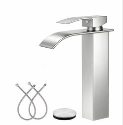 Brushed Nickel Vessel Sink Faucet, Tall Waterfall Bathroom Faucet, Single Handle One Hole Mixer Bowl Tap With Large Rectangular Spout, Bar Sink Faucet