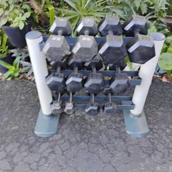 SET  OF  STEEL  HEX  DUMBBELLS  &  3  TIER. WEIDER DUMBBELL RACK  (PAIRS OF)  :  10s  15s  25s  30s  35s  45s 