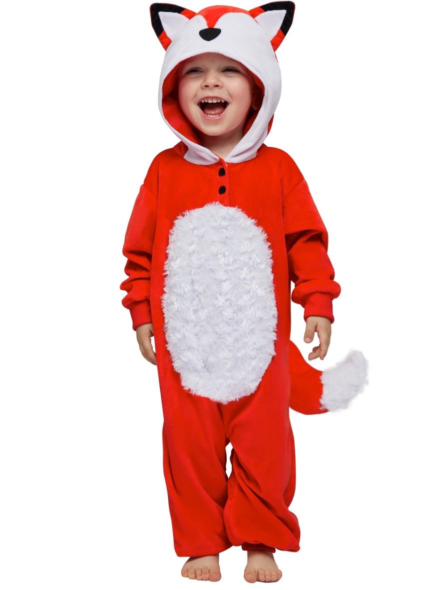 Spooktacular Creations Halloween Baby Fox Costume, Unisex Furry Fox Toddler Jumpsuit With A Tail, Button Hooded Jumpsuit For Halloween Cosplay Costume