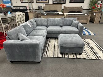 Gray Corduroy Sectional Sofa with Ottoman