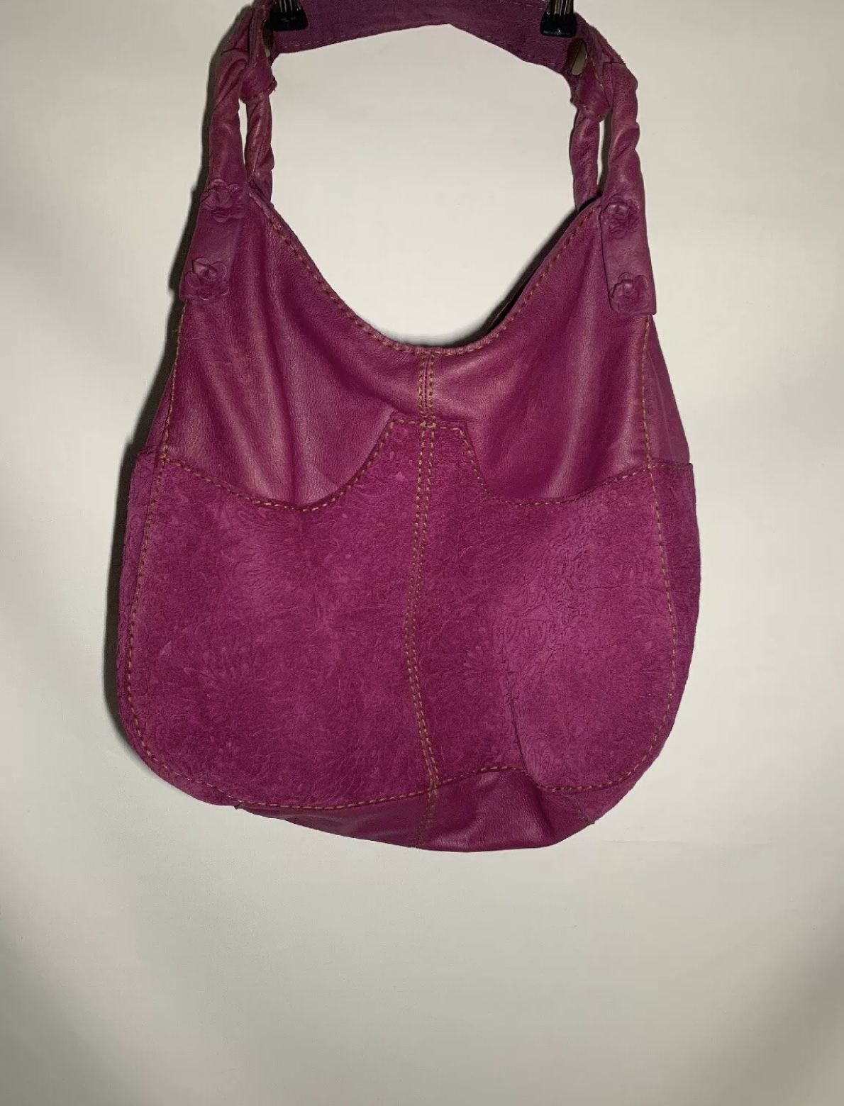 Lucky Brand Purple Floral Embossed Suede & Leather Hobo Bucket Shoulder Bag