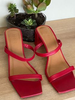 By FAR Red Leather Strappy Heeled Sandals Size 37) Beautiful color $30