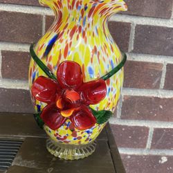 Vintage Murano Hand Blown Glass Vase w Applied Flower & Ruffle Rim