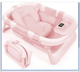 Jool Baby Foldable Baby Bathtub – Portable for Travel – Thermometer (Pink) Grows With Baby Through Every Stage - Folds Flat for Compact Storage – Perf