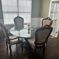 Round Glass Top Dining Table + 4 Chairs – Solid Wood, Elegant Design