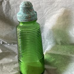 Single Antique Green Depression Glass Salt Shaker - Original Lid- 5.5 H