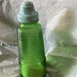 Single Antique Green Depression Glass Salt Shaker - Original Lid- 5.5 H