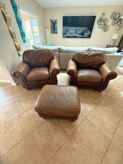 Brown Leather Club Chairs + Ottoman – Recently Cleaned & Conditioned