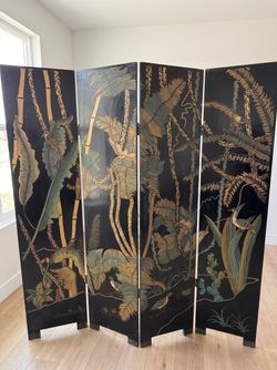 Vintage 4 Panel Black Lacquer Oriental Folding Screen Room Divider, Double Sided