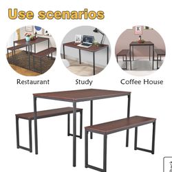 3 Piece Dining Table Set With 2 Benches Wood Table Top Dining Table Set with Metal Frame 