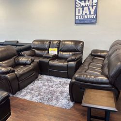 Summer clearance sale. Madrid brown leather reclining sofa and loveseat set $1099. Reclining chair $399. Easy finance option. Same-day delivery.