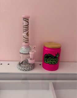 Unique "flower vase" with swirls and pink jar
