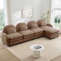 Ventura 129" Modular Teddy Fabric L-Shaped Sectional Sofa with Ottoman and Arched Back