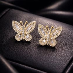 Valentine Day Special Deal-10k Gold Natural Diamonds Butterfly Earrings 