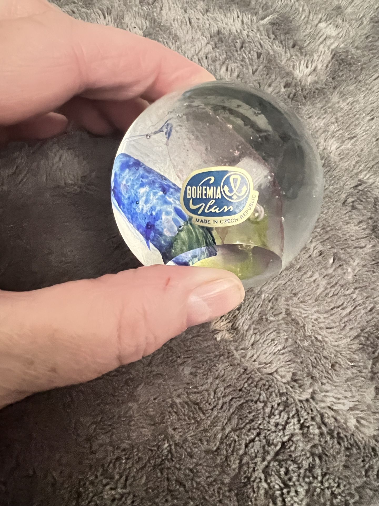 Bohemia Han Czech glass orb ball sparkles of blue pink & yellow swirls paperweight