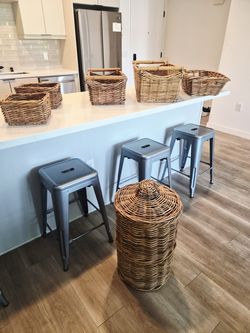 Rattan basket set, 15 pieces with lidded hamper, Los Feliz LA