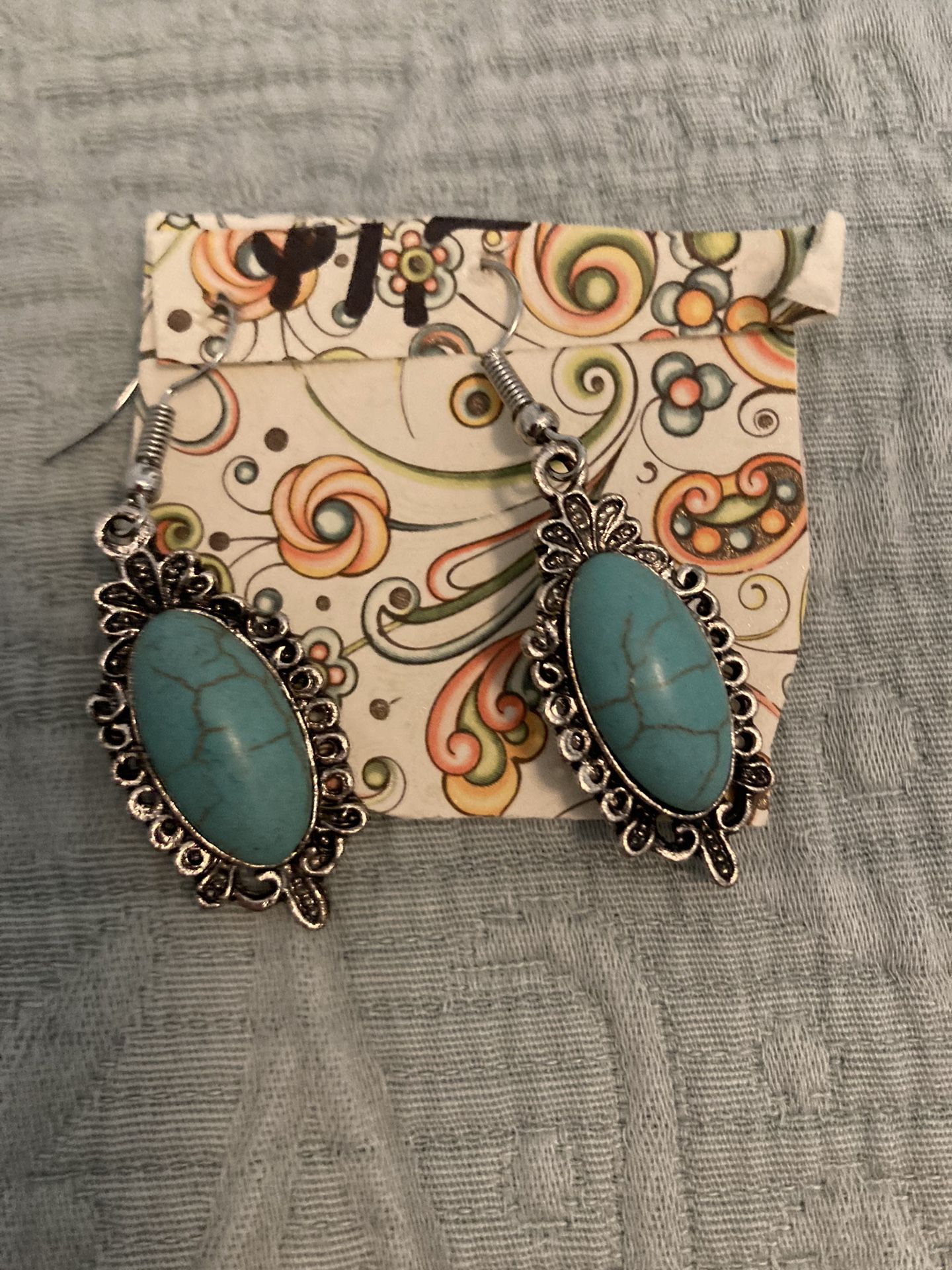 Attractive Eye Catching Turquoise Stone Colored  Drop Earrings With Silver