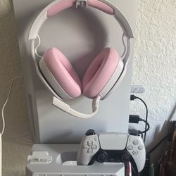 PS5, includes: console, controller, headset, and ps5 wall mount charging station