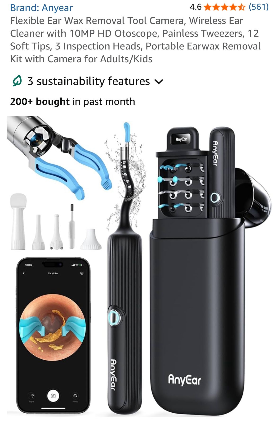 Flexible Ear Wax Removal Tool Camera, Wireless Ear Cleaner with 10MP HD Otoscope, Painless Tweezers, 12 Soft Tips, 3 Inspection Heads, Portable Earwax