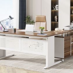 F1981AB Industrial L-Shaped Desk, 63" Computer Executive Desk with File Cabinet