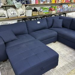 Navy Blue Sectional Sofa with Storage Ottoman