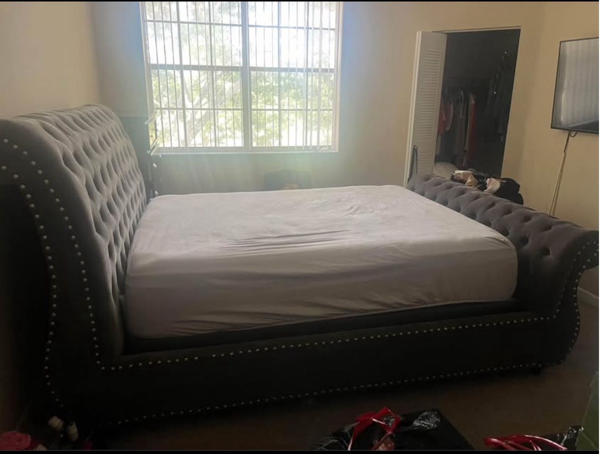 Grey Queen Sleigh Bed (free Box Spring)