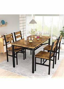 Hooseng Dining Table Set for 4, Wood Kitchen Table Chairs Set with Storage, Farmhouse 5 Piece Dining Room Table Set, Space-Saving Dinette Set for Brea