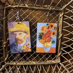 Interesting Van Gogh Earrings Sunflower and Self Portrait - Light Weight Wood  One earring depicts Van Gogh's self-portrait with a straw hat.  The oth