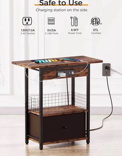 GiveBest End Table with Charging Station, Narrow Side Table with USB Ports and Outlets,