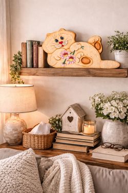 Vintage Hand Painted Wooden Cat Folk Art Kitty Cottagecore Farmhouse Shelf  Sitting cat